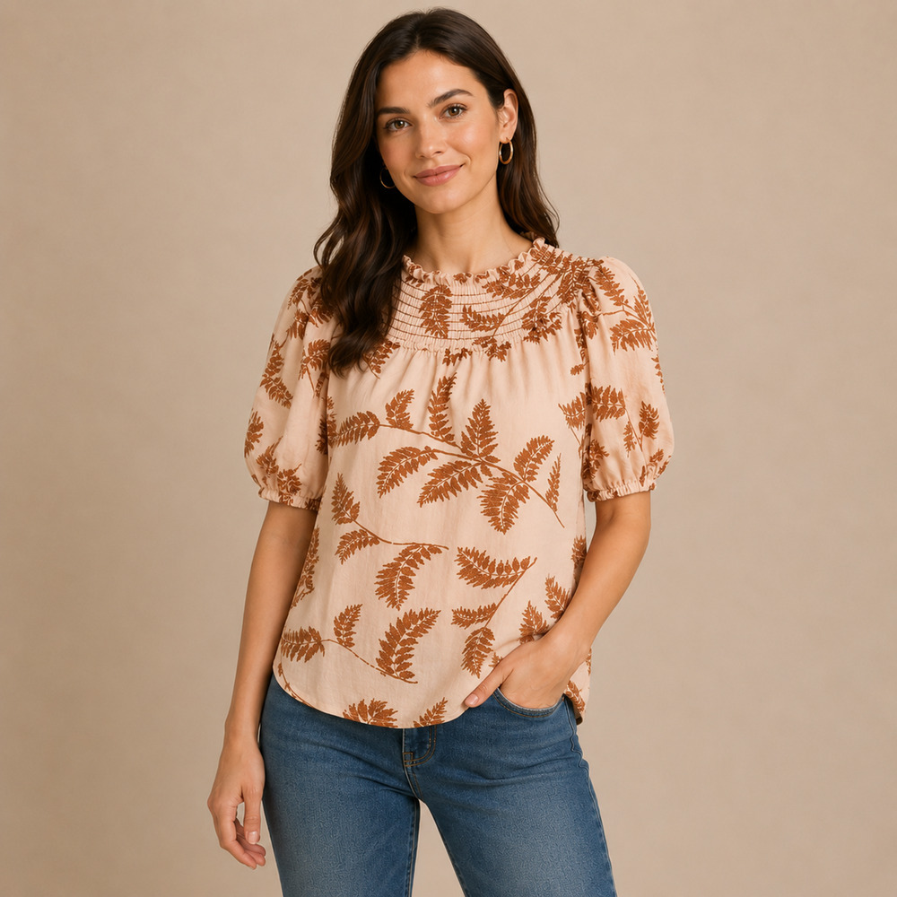 Current Air Anthropologie Smocked Ruffle Neck Puff Sleeve Blouse M